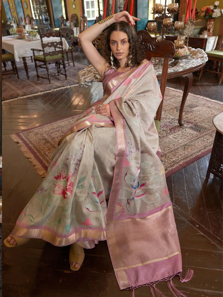 Fascinating Light Grey & Pink Digital Printed Banarasi Silk Saree