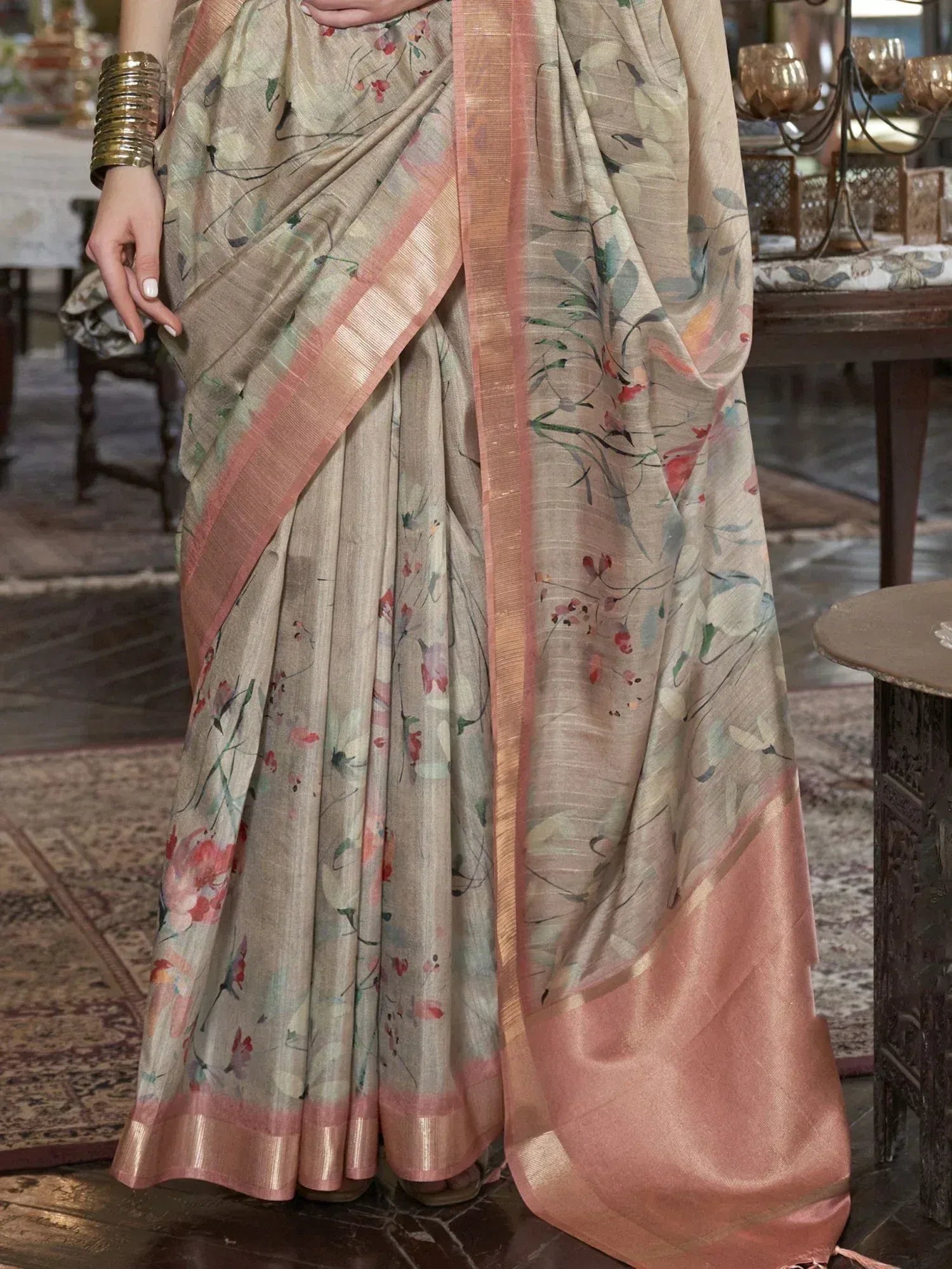 Beige floral print saree with pink border, ethnic Indian wear for women