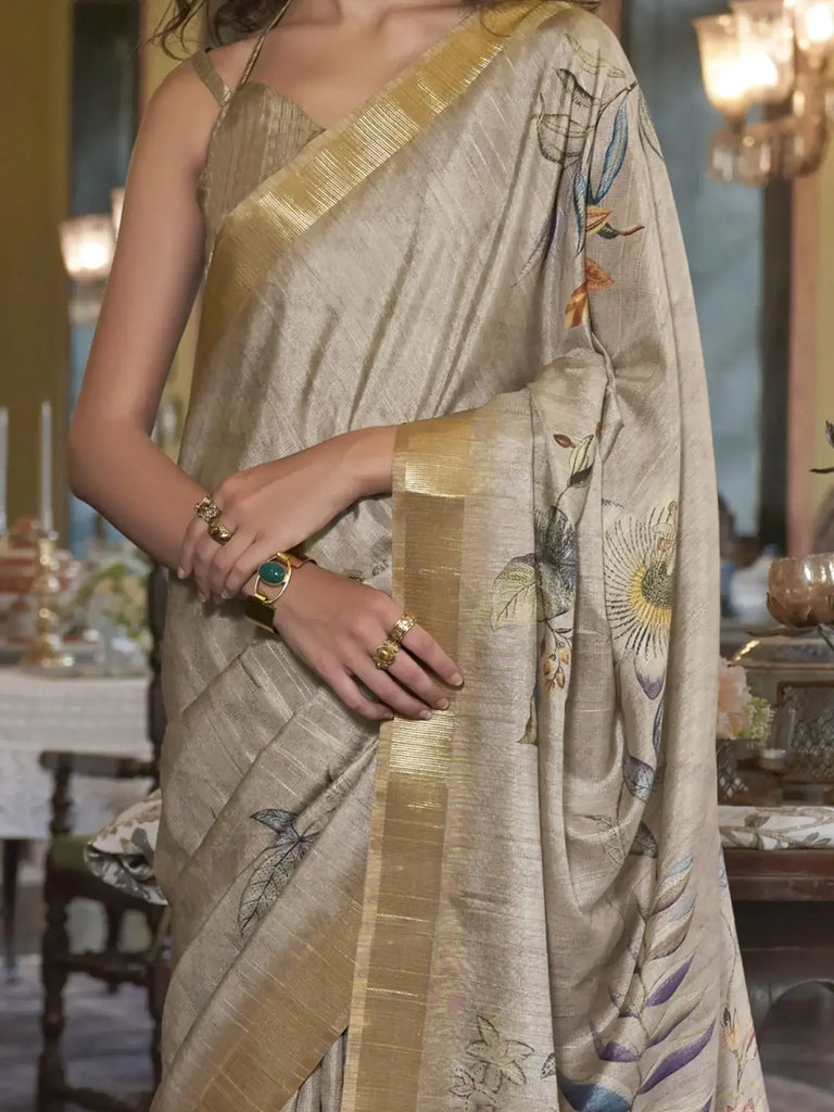 Glamorous Grey Digital Printed Banarasi Silk Festival Wear Saree