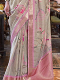 Bewitching Light Grey & Pink Floral Printed Banarasi Silk Saree