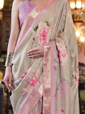 Bewitching Light Grey & Pink Floral Printed Banarasi Silk Saree
