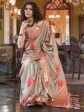 Charming Light Grey & Peach Floral Printed Banarasi Silk Saree
