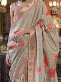 Charming Light Grey & Peach Floral Printed Banarasi Silk Saree