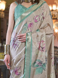 Adorable Grey & Sky-Blue Digital Printed Banarasi Silk Traditional Saree