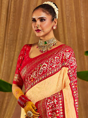 Charming Cream Chikankari Work Silk Festival Wear Saree With Blouse