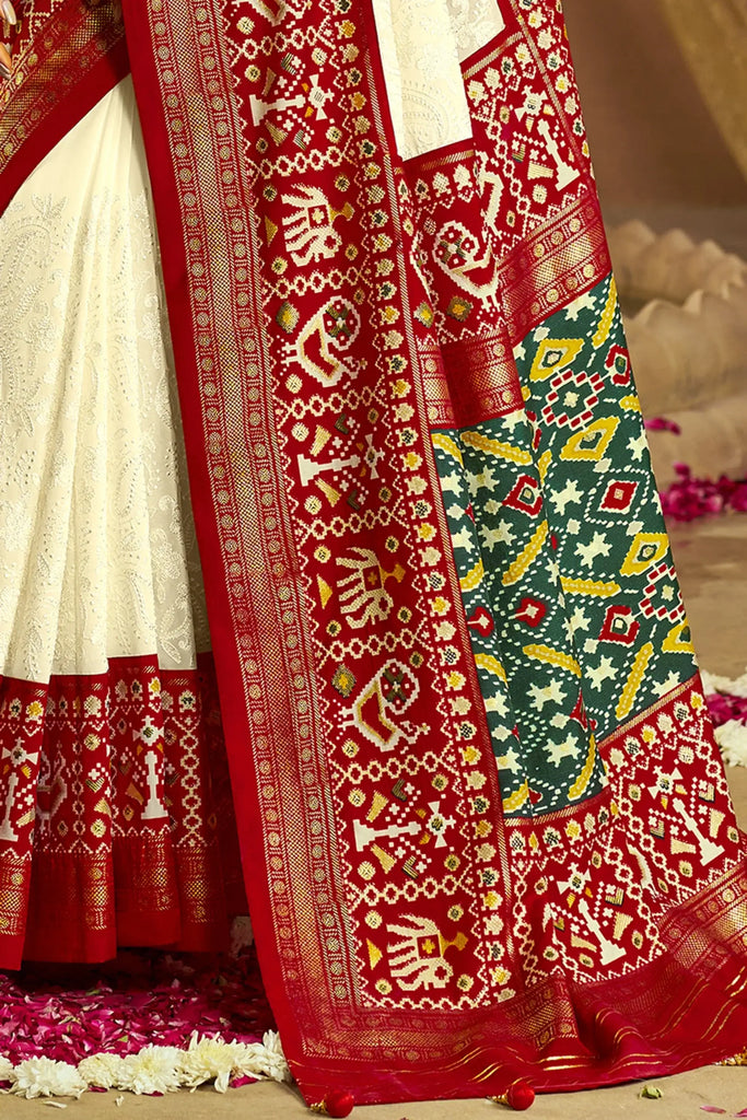 Captivating Off-White Lucknowi Work Silk Saree With Blouse