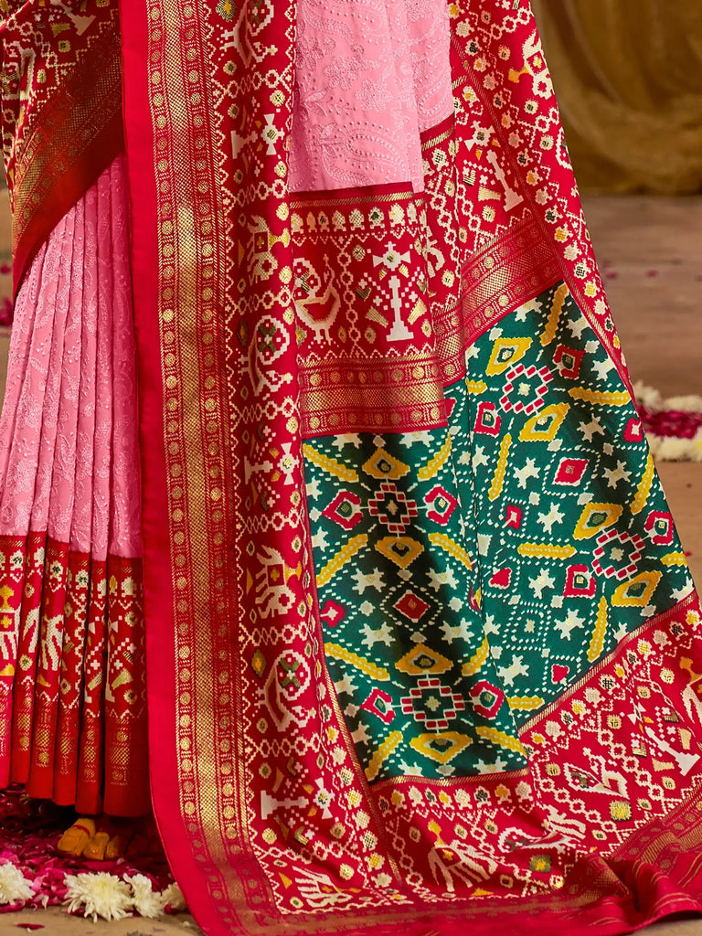 Bewitching Pink Chikankari Work Silk Wedding Saree With Blouse