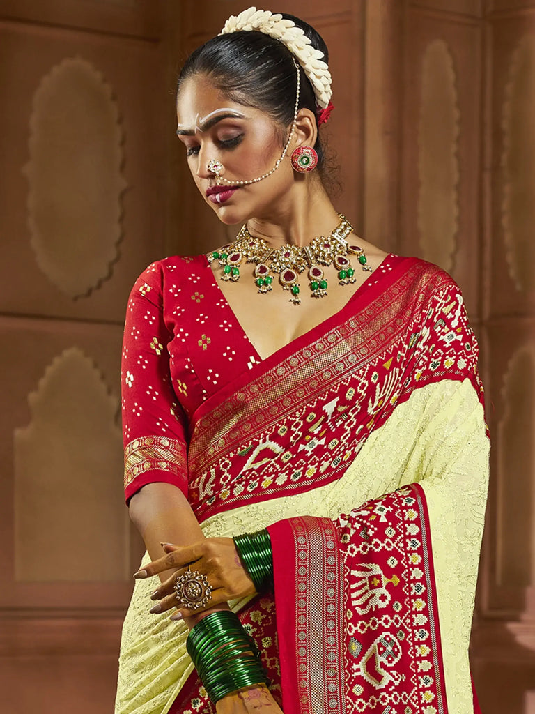 Attractive Yellow Lucknowi Work Silk Festival Wear Saree With Blouse