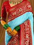 Beautiful Sky-Blue Chikankari Work Silk Traditional Saree With Blouse