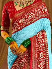 Beautiful Sky-Blue Chikankari Work Silk Traditional Saree With Blouse