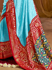 Beautiful Sky-Blue Chikankari Work Silk Traditional Saree With Blouse