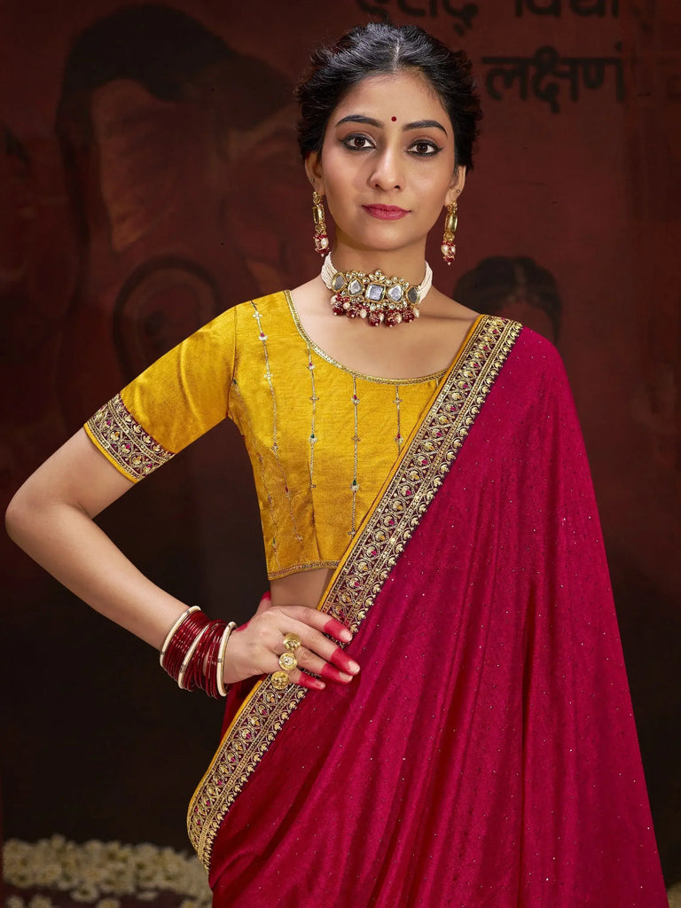 Fabulous Magenta Heavy Lace Work Silk Event Wear Saree With Blouse