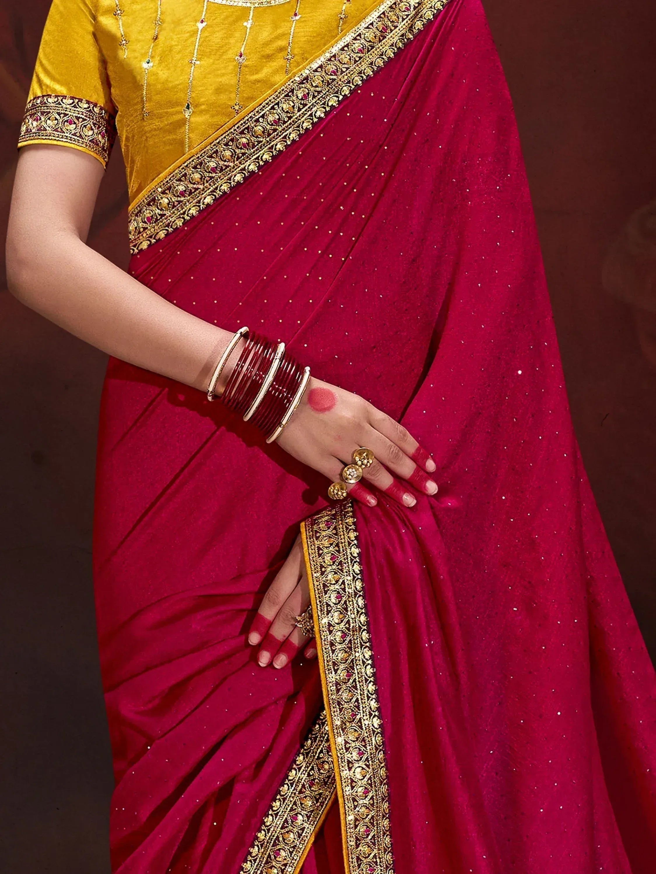 Red and gold embroidered saree with velvet blouse, perfect for Indian ethnic wear occasions