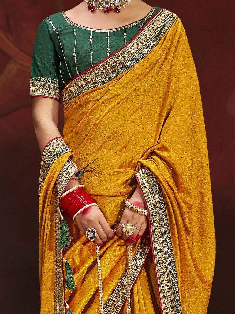 Lovely Yellow Heavy Lace Work Silk Haldi Wear Saree With Blouse