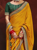 Lovely Yellow Heavy Lace Work Silk Haldi Wear Saree With Blouse