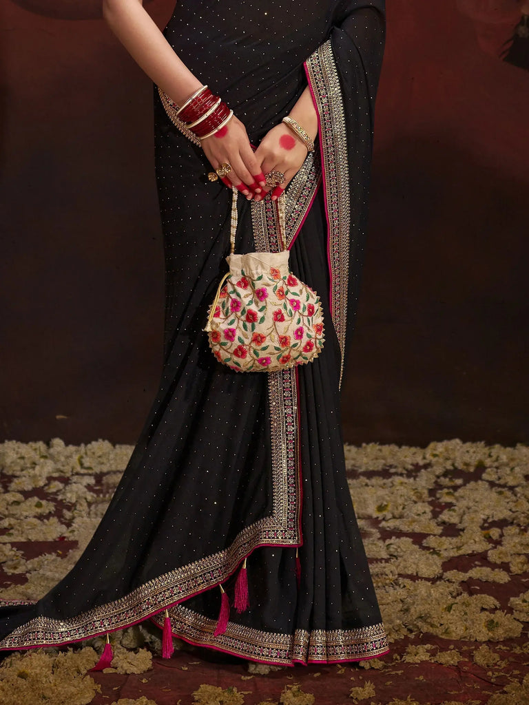 Magnificent Black Color Heavy Lace Work Silk Reception Wear Saree