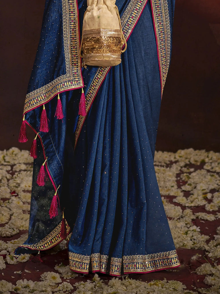 Alluring Navy Blue Lace Work Silk Engagement Wear Saree With Blouse