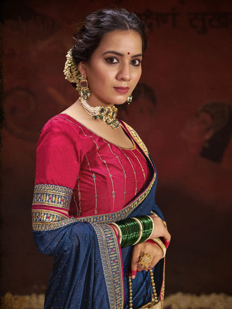 Alluring Navy Blue Lace Work Silk Engagement Wear Saree With Blouse