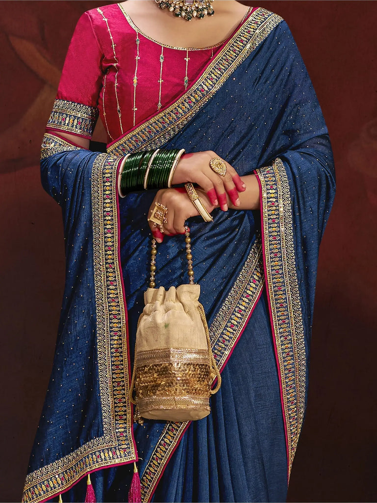 Alluring Navy Blue Lace Work Silk Engagement Wear Saree With Blouse