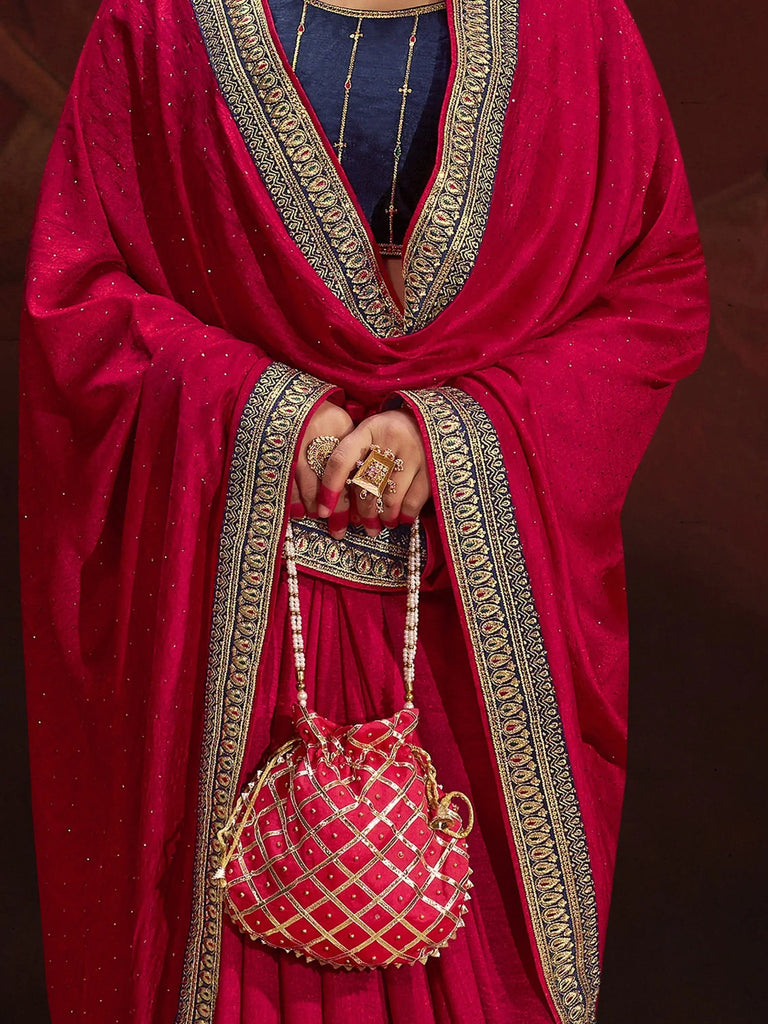 Surprising Pink Heavy Lace Work Silk Function Wear Saree With Blouse