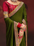 Fantastic Green Heavy Lace Work Silk Wedding Wear Saree With Blouse