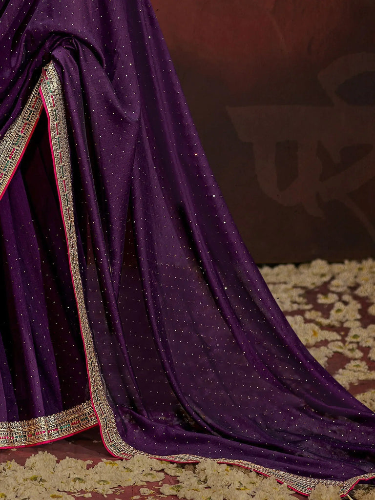 Amazing Purple Heavy Lace Work Silk Function Wear Saree With Blouse