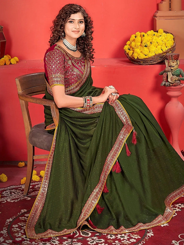 Enchanting Green Embroidered Vichitra Silk Event Wear Saree