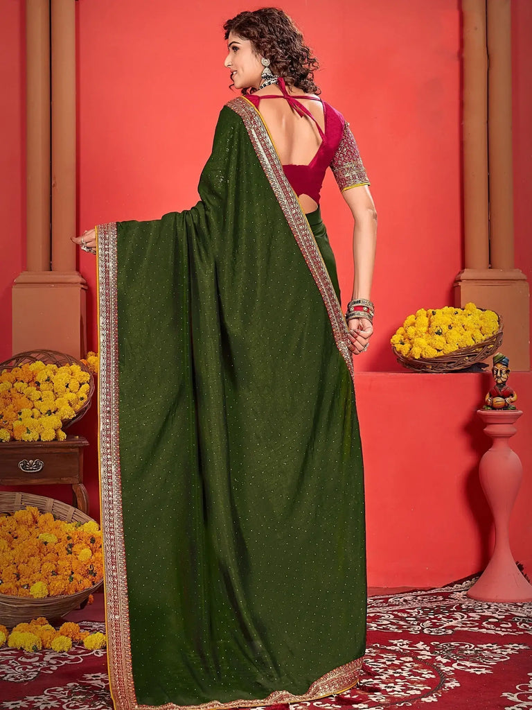 Enchanting Green Embroidered Vichitra Silk Event Wear Saree