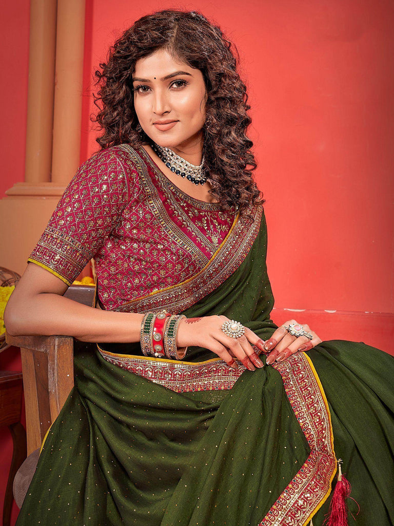Enchanting Green Embroidered Vichitra Silk Event Wear Saree