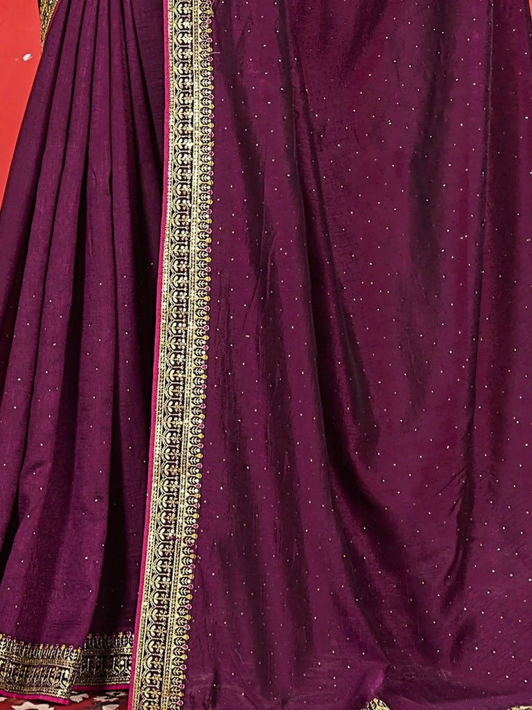 Glamorous Wine Embroidered Vichitra Silk Saree With Blouse
