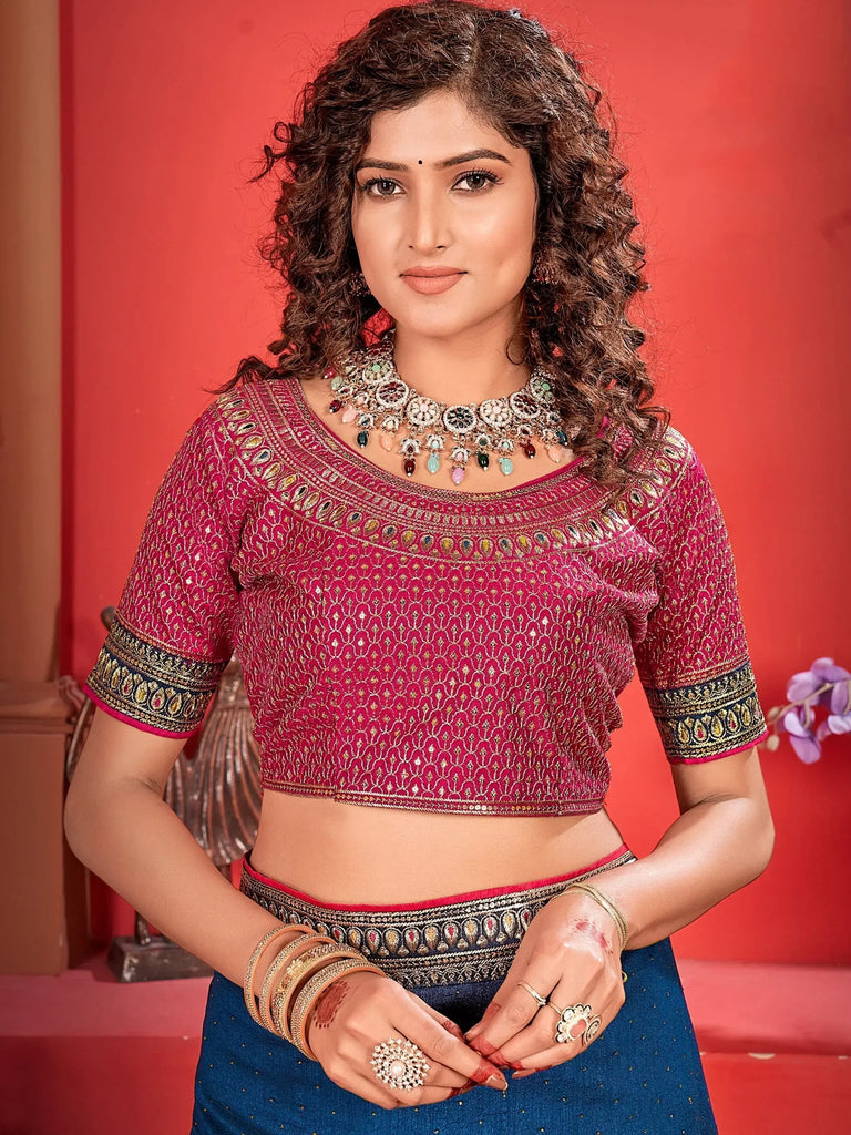 Alluring Blue Embroidered Vichitra Silk Event Wear Saree With Blouse