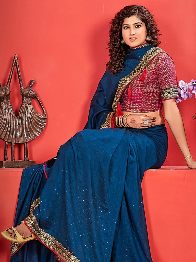 Alluring Blue Embroidered Vichitra Silk Event Wear Saree With Blouse