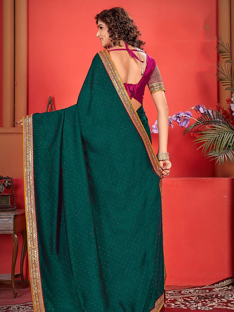 Attractive Teal Green Embroidered Vichitra Silk Event Wear Saree