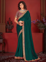 Attractive Teal Green Embroidered Vichitra Silk Event Wear Saree