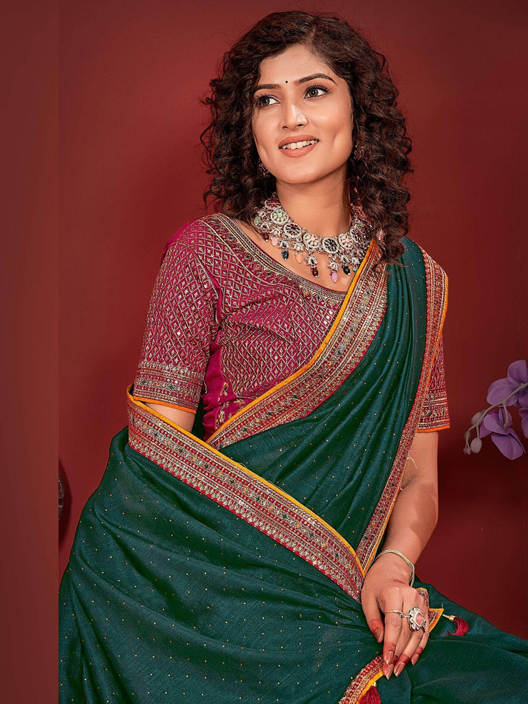 Attractive Teal Green Embroidered Vichitra Silk Event Wear Saree