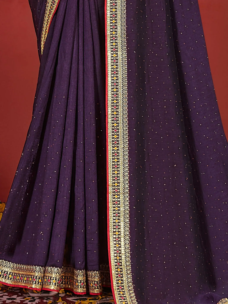 Astonishing Dark Purple Embroidered Vichitra Silk Saree With Blouse