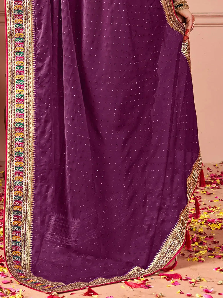 Fabulous Wine Swarovski Work Silk Event Wear Saree With Blouse