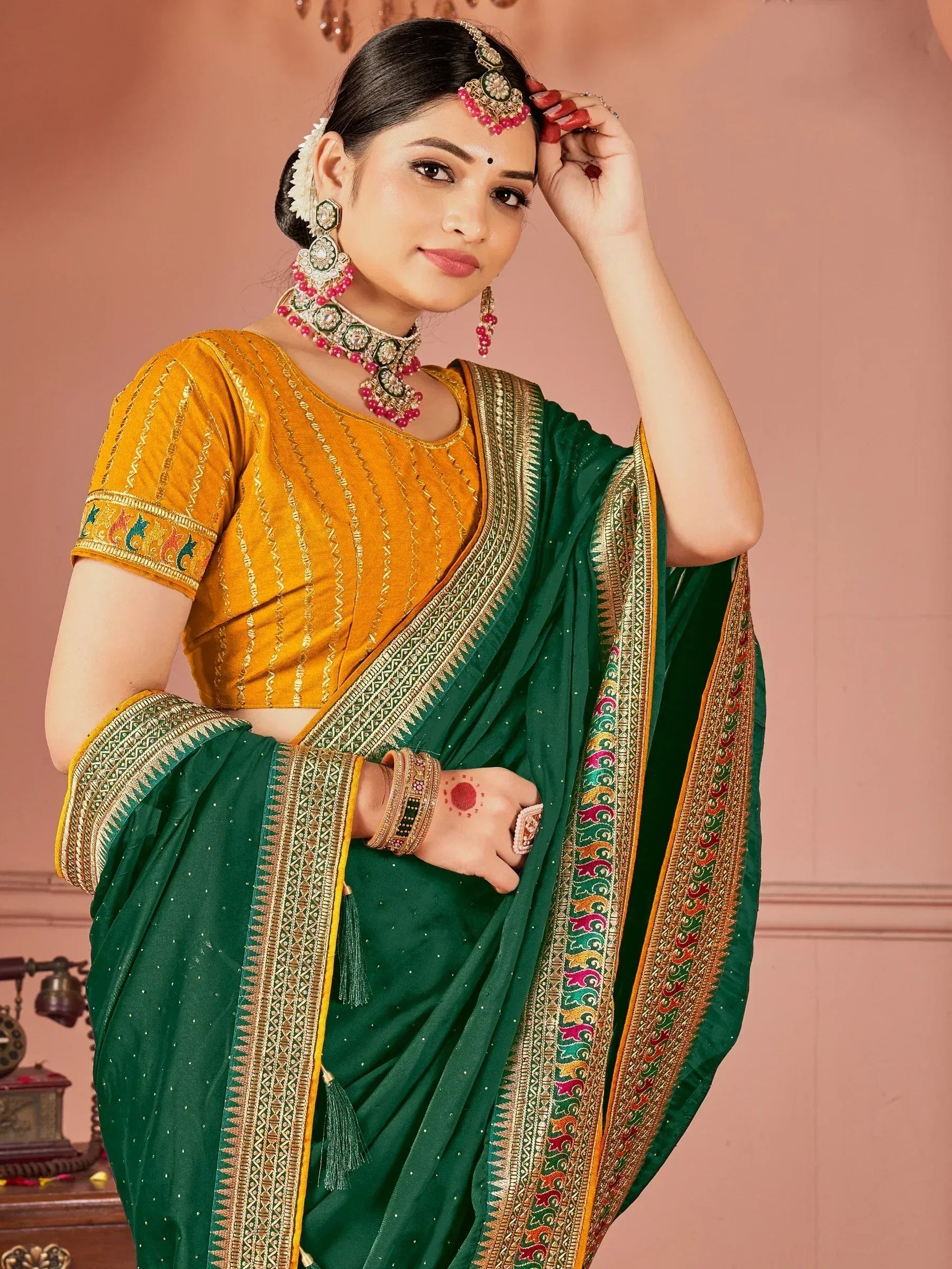 Green and gold embroidered saree with matching blouse, traditional Indian ethnic wear