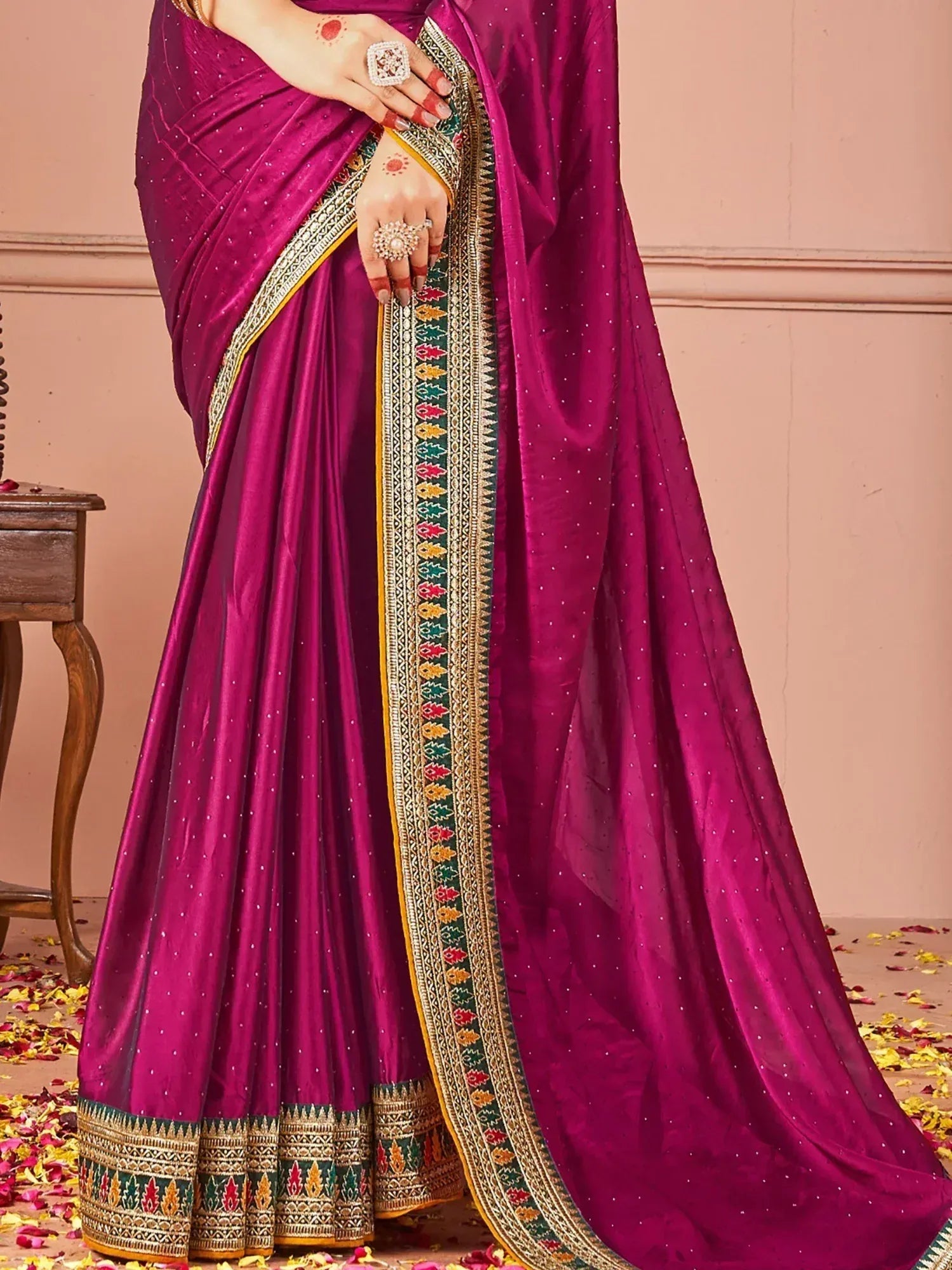 Purple designer saree with gold and green border, perfect for Indian ethnic wear occasions