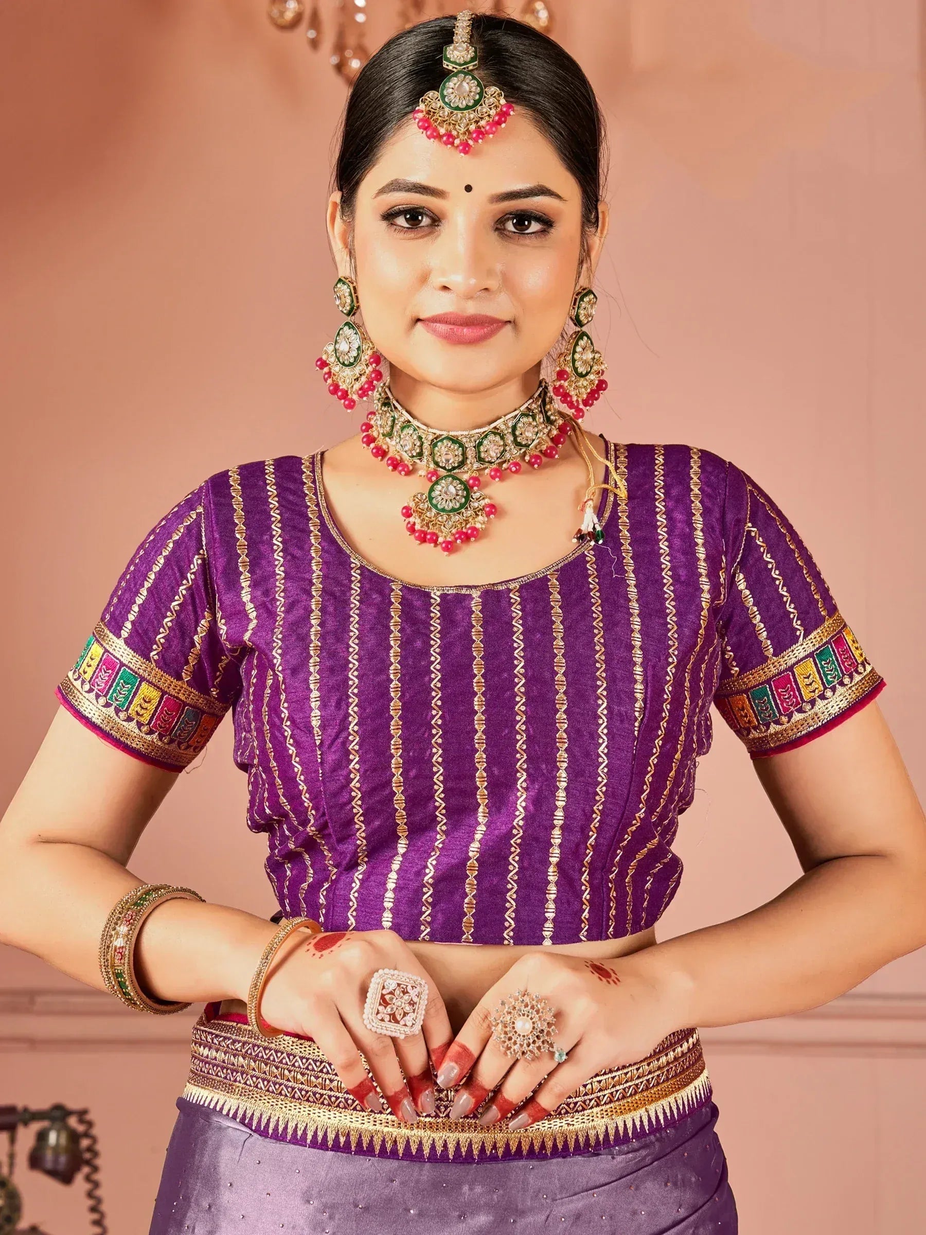 Purple ethnic blouse with gold stripes and colorful embroidery, paired with traditional jewelry for Indian wear