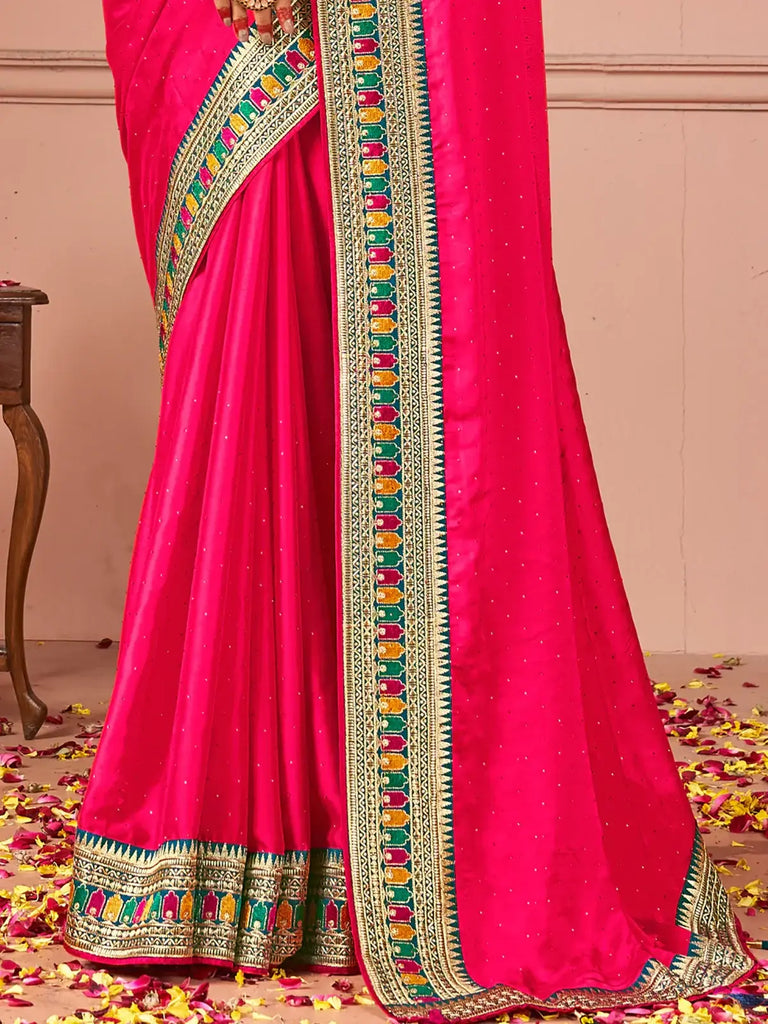 Alluring Hot Pink Swarovski Work Silk Engagement Wear Saree