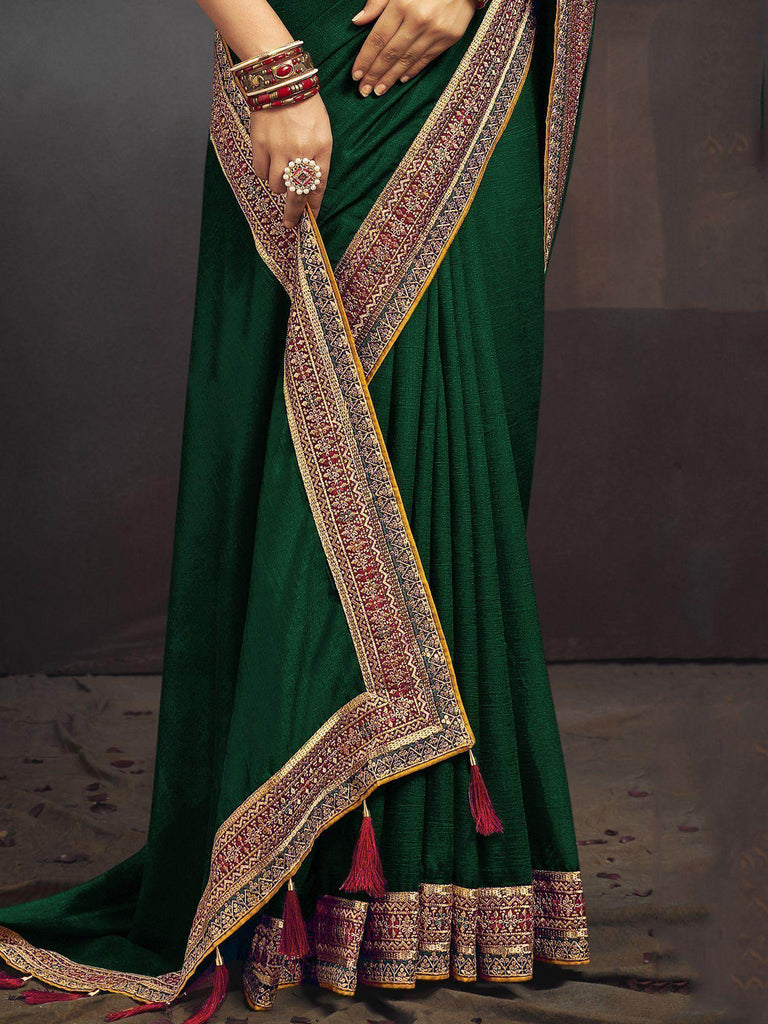 Stunning Green Heavy Border Vichitra Wedding Wear Saree With Blouse