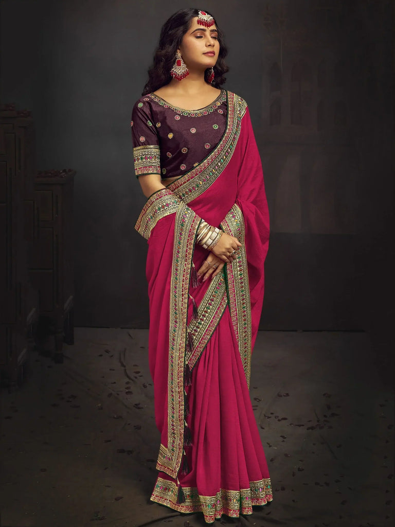Incredible Rani Pink Heavy Border Vichitra Function Wear Saree