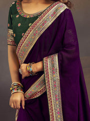 Awesome Purple Heavy Border Vichitra Sangeet Wear Saree With Blouse