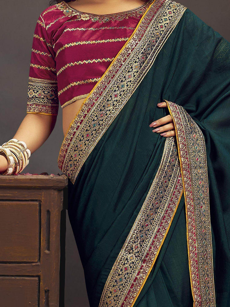 Wonderful Teal Green Heavy Border Vichitra Reception Wear Saree