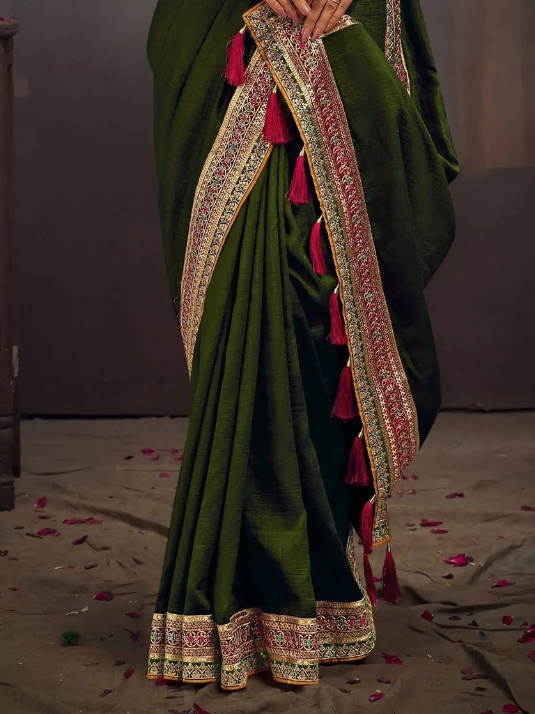 Outstanding Green Heavy Border Work Vichitra Function Wear Saree