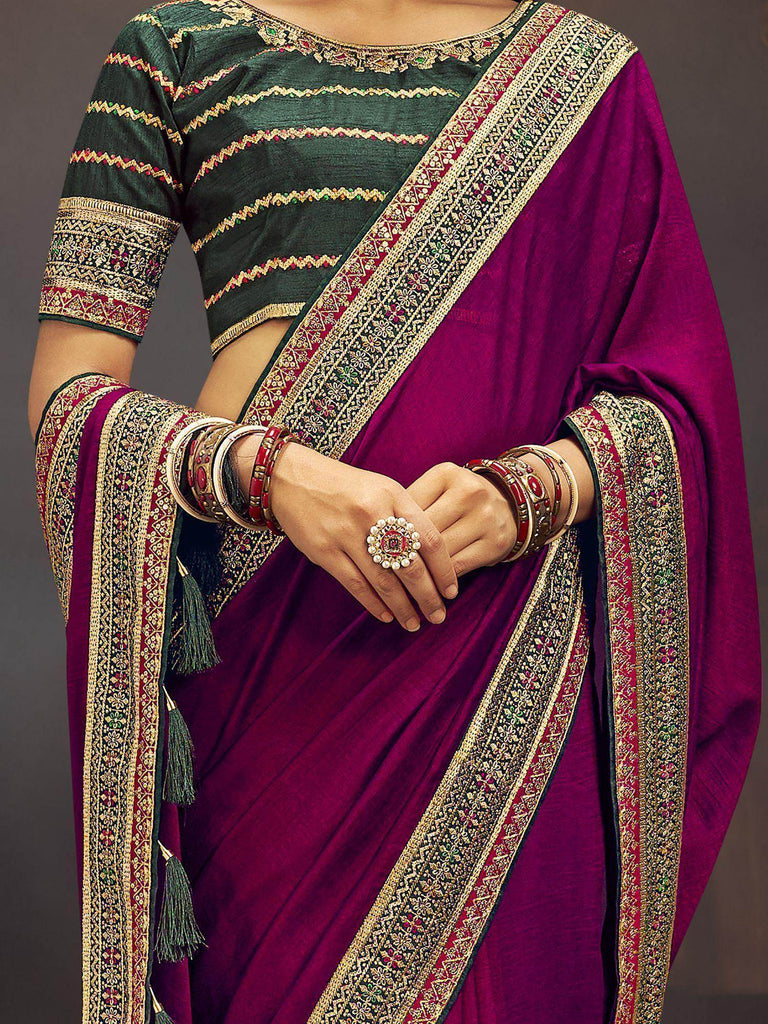 Amazing Wine Heavy Border Work Vichitra Saree With Blouse