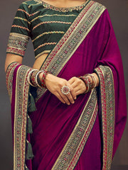 Amazing Wine Heavy Border Work Vichitra Saree With Blouse
