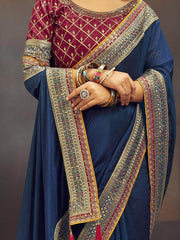 Attractive Blue Heavy Border Work Vichitra Reception Wear Saree