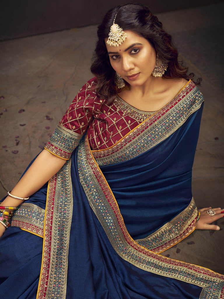 Attractive Blue Heavy Border Work Vichitra Reception Wear Saree